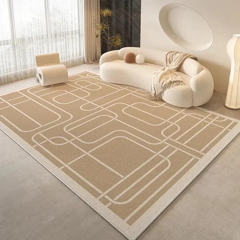 Tapis salon beige motif labyrinthe moderne