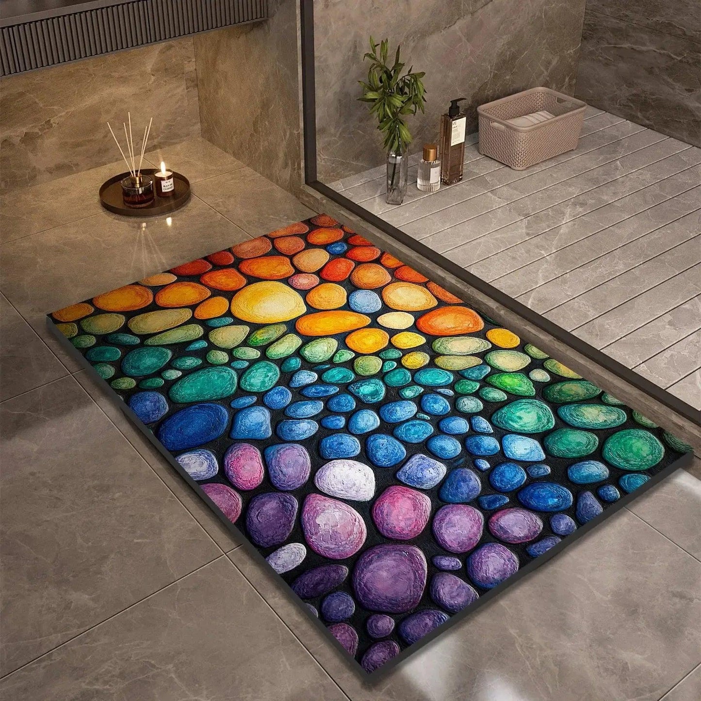 Tapis de bain galets arc-en-ciel en diatomite